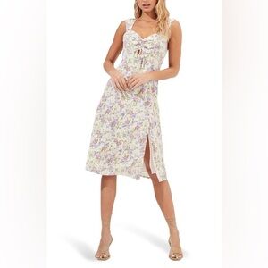 ASTR The Label Cinched Bust Floral Print Dress In Cream Purple Floral